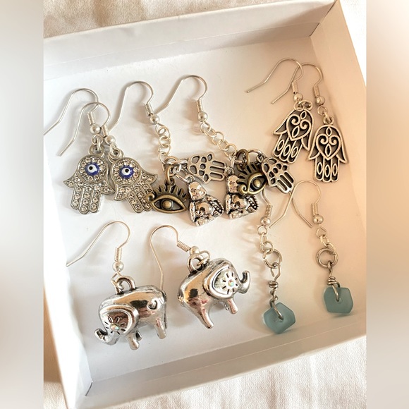 TheModernWiseWoman Jewelry - 5 Pairs of Handmade Boho Blue Themed Earrings Great Mothers Day Gift - Evil Eye